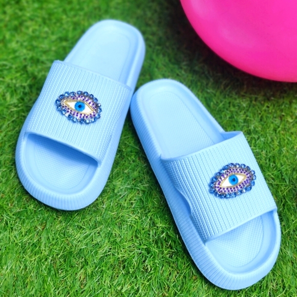 Blue Rhinestone Evil Eye beach slides - Picture 6 of 8